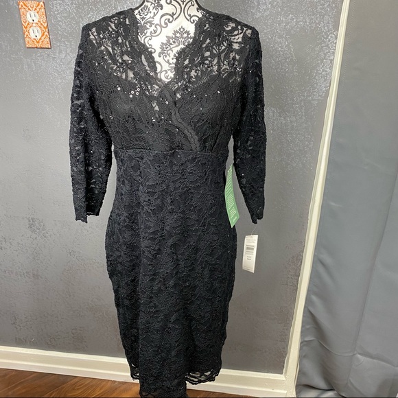 Blu Sage black lace sequin v-neck illusion knee length party formal dress - Picture 2 of 10